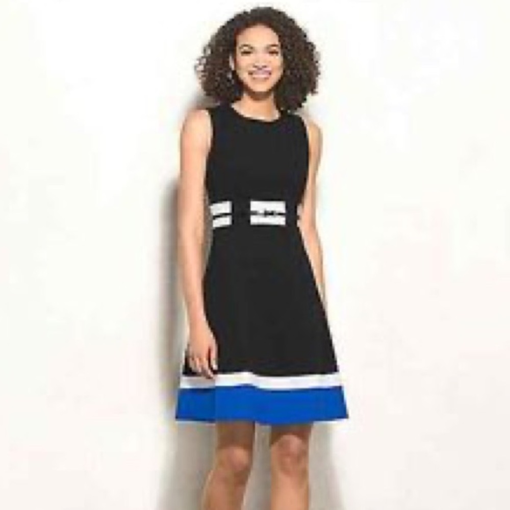 Calvin Klein Black White Blue Sleeveless Fit & Flare Dress 6 Belted Colorblock